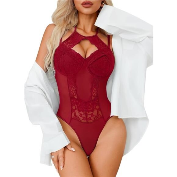 Women Teddy Lingerie Sexy Snap Crotch Lace Bodysuit Red - Picture 1 of 6